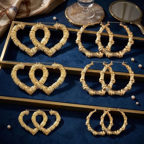 6pcs Vintage Gold Tone Door Knocker Earrings 90s Women Chunky Heart Bamboo Hoop Set Y2k Fashion Hip Hop Accessories Elegant Thoughtful Present in Saudi Arabia