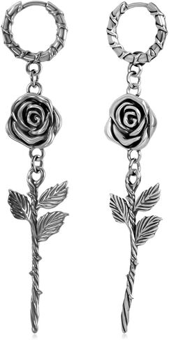 PUNKYOUTH Romantic Gothic Botanical Floral Hoop Drop Dangle 18G 1mm Dark Elegant Rose Vine Detailed Carved Vintage Alternative Piercing Jewelry For Women Men Retro Statement Everyday Wear Accessories in Saudi Arabia