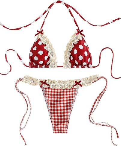 SweatyRocks Women's Halter Bikini Set Lace Trim Polka Dots Bowknot Thong Swimsuit Bathing Suit in Kuwait