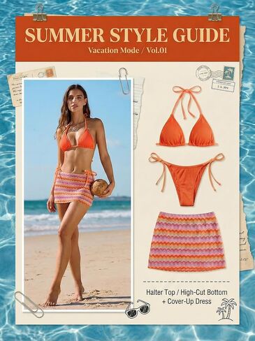 CUPSHE 3 Piece Swimsuit for Women Bikini Sets V Neck Halter Triangle Top Self Tie Low Rise Cheeky Sarong Ribbed in Kuwait