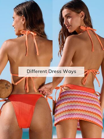 CUPSHE 3 Piece Swimsuit for Women Bikini Sets V Neck Halter Triangle Top Self Tie Low Rise Cheeky Sarong Ribbed in Kuwait