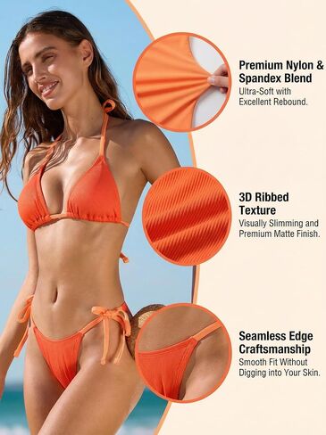 CUPSHE 3 Piece Swimsuit for Women Bikini Sets V Neck Halter Triangle Top Self Tie Low Rise Cheeky Sarong Ribbed in Kuwait