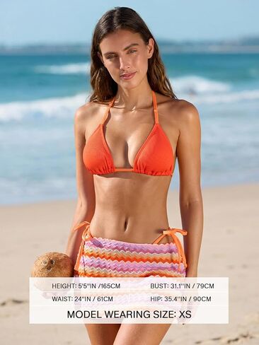 CUPSHE 3 Piece Swimsuit for Women Bikini Sets V Neck Halter Triangle Top Self Tie Low Rise Cheeky Sarong Ribbed in Kuwait
