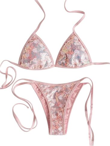 MakeMeChic Women's Sequin Sparkly Bikini Sets Halter Triangle Tie Side Thong Bathing Suit in Kuwait