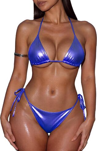 Metallic Bikini Set for Women, Sexy Triangle Top with Tie Side Bottom, Two Piece Swimsuit in Saudi Arabia