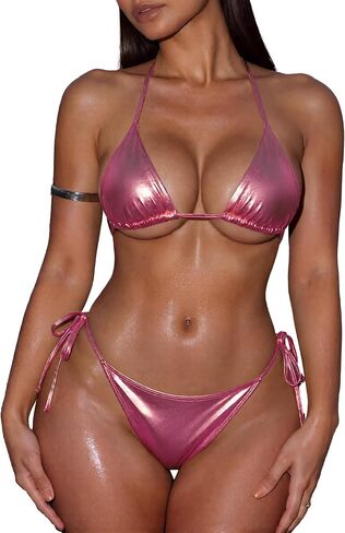 Metallic Bikini Set for Women, Sexy Triangle Top with Tie Side Bottom, Two Piece Swimsuit in Saudi Arabia