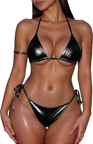Metallic Bikini Set for Women, Sexy Triangle Top with Tie Side Bottom, Two Piece Swimsuit in Saudi Arabia