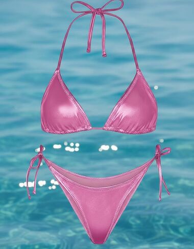 Metallic Bikini Set for Women, Sexy Triangle Top with Tie Side Bottom, Two Piece Swimsuit in Saudi Arabia
