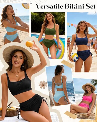 Century Star Womens High Waisted Bikini Sets Tummy Control - Two Piece Swimsuit Drawstring Ribbed Sporty Bathing Suit in Kuwait