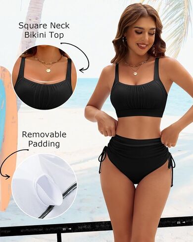 Century Star Womens High Waisted Bikini Sets Tummy Control - Two Piece Swimsuit Drawstring Ribbed Sporty Bathing Suit in Kuwait