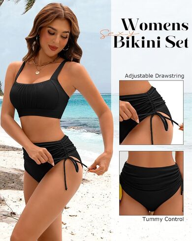 Century Star Womens High Waisted Bikini Sets Tummy Control - Two Piece Swimsuit Drawstring Ribbed Sporty Bathing Suit in Kuwait
