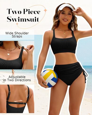 Century Star Womens High Waisted Bikini Sets Tummy Control - Two Piece Swimsuit Drawstring Ribbed Sporty Bathing Suit in Kuwait