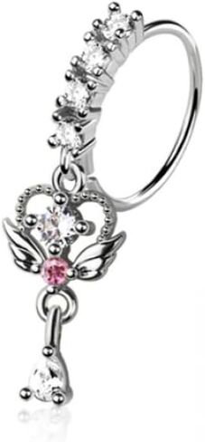Pierced Owl 20GA 316L Stainless Steel Pink CZ Crystal Winged Heart with Dangling Gem Bendable Nose Ring in Kuwait