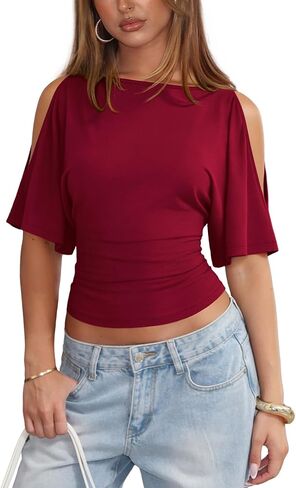 Womens Cold Shoulder Tops for Women Sexy Cinched Waist Top Boat Neck T Shirts Summer Going Out Date Night Clothing in Saudi Arabia