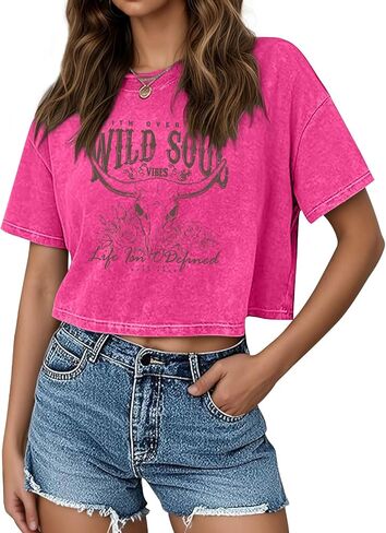 Western Cowgirl Cropped Shirts for Women Faith Over Fear Country Shirt Wild Soul Vintage Graphic Tee Acid Wash Tshirt in Saudi Arabia