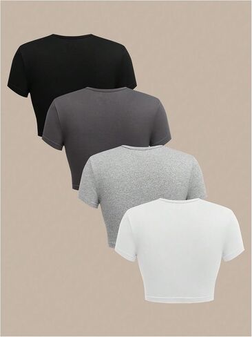 SOLY HUX Women's Basic T-Shirts Crew Neck Short Sleeve Fitted Tees 4 Packs Crop Tops in Kuwait