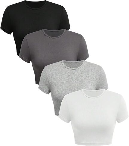 SOLY HUX Women's Basic T-Shirts Crew Neck Short Sleeve Fitted Tees 4 Packs Crop Tops in Kuwait