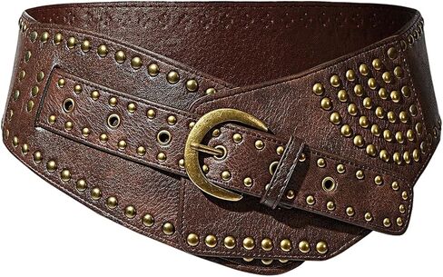 MAKEMECHIC Women's PU Leather Rivet Studded Waist Belt Metal Buckle Punk Retro Unisex Belts in Kuwait