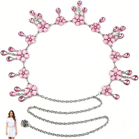 1 Pack Pink Flower Silver Chain Belt Western Belt Metal Rhinestone Cowgirl Waist Chain for Dresses Jeans Women Pink Diamond Bling in Saudi Arabia