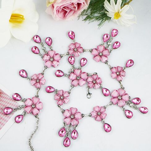 1 Pack Pink Flower Silver Chain Belt Western Belt Metal Rhinestone Cowgirl Waist Chain for Dresses Jeans Women Pink Diamond Bling in Saudi Arabia