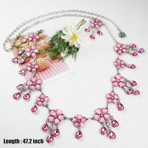 1 Pack Pink Flower Silver Chain Belt Western Belt Metal Rhinestone Cowgirl Waist Chain for Dresses Jeans Women Pink Diamond Bling in Saudi Arabia