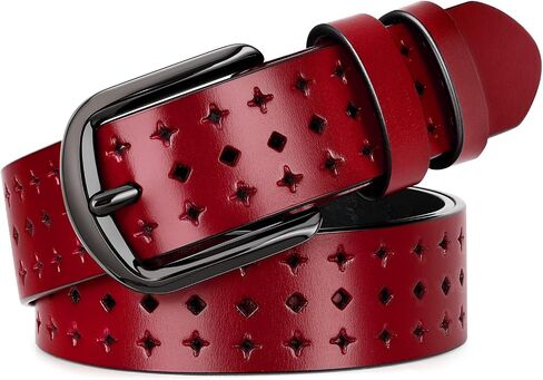 XZQTIVE Hollow Genuine Leather Belts for Women with Pin Buckle, Fashion Casual Waist Belt for Jeans Dress Pants - Black Buckle, Red, Fit Waist 26"-31" in Kuwait