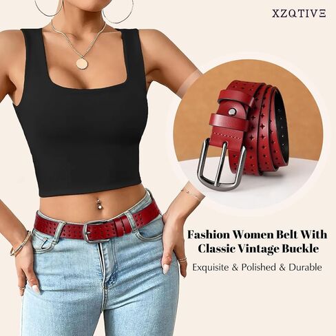 XZQTIVE Hollow Genuine Leather Belts for Women with Pin Buckle, Fashion Casual Waist Belt for Jeans Dress Pants - Black Buckle, Red, Fit Waist 26"-31" in Kuwait