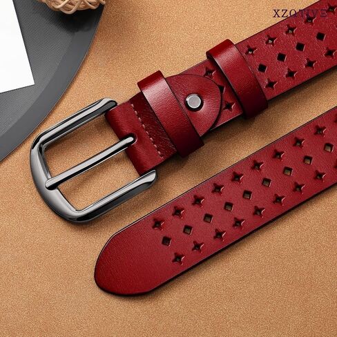 XZQTIVE Hollow Genuine Leather Belts for Women with Pin Buckle, Fashion Casual Waist Belt for Jeans Dress Pants - Black Buckle, Red, Fit Waist 26"-31" in Kuwait
