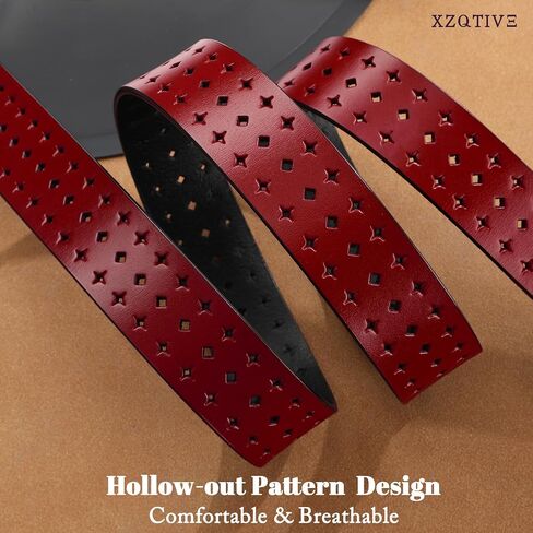 XZQTIVE Hollow Genuine Leather Belts for Women with Pin Buckle, Fashion Casual Waist Belt for Jeans Dress Pants - Black Buckle, Red, Fit Waist 26"-31" in Kuwait