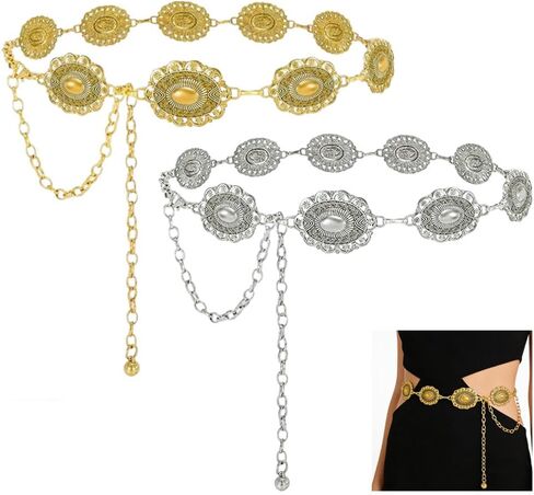 2 Pack Western Metal Concho Belt for Women, 2 Styles and Chain Link Oval Concho Belt Set for, Adjustable Cowgirl Belt for an Edgy Twist on Boho and Country Fashion in Saudi Arabia