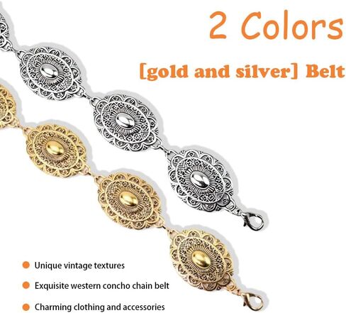 2 Pack Western Metal Concho Belt for Women, 2 Styles and Chain Link Oval Concho Belt Set for, Adjustable Cowgirl Belt for an Edgy Twist on Boho and Country Fashion in Saudi Arabia