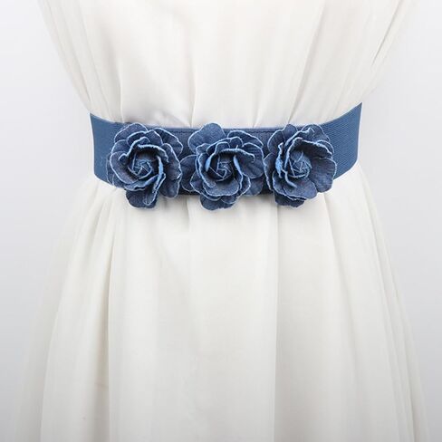 Women's Vintage Denim Color 2In Wide Waist Cinch Belt For Dresses -Elastic Stretchy Flower Waistbands in Saudi Arabia