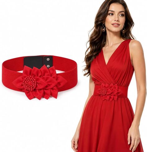 ElevateTech Stretchy Wide Women Belts Red Flower Belts for Women Vintage Wide Elastic Waist BeltsChunky Waistband Beltsfor Dress Shirts Christmas Clothing Accessories Gifts in Kuwait