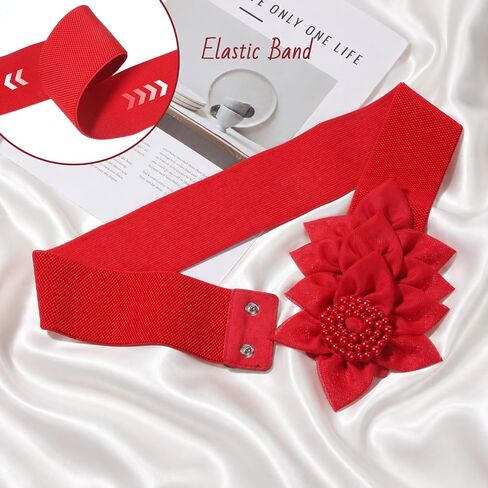 ElevateTech Stretchy Wide Women Belts Red Flower Belts for Women Vintage Wide Elastic Waist BeltsChunky Waistband Beltsfor Dress Shirts Christmas Clothing Accessories Gifts in Kuwait