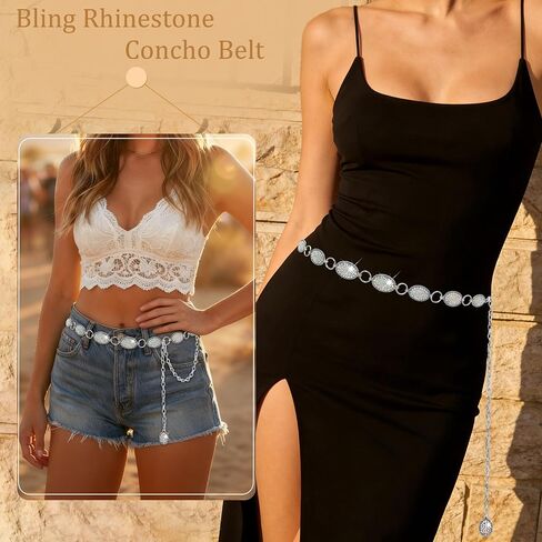Bling Rhinestone Small Concho Belt, Silver Crystal, Western Cowgirl Style, for Women Dresses Accessories in Saudi Arabia