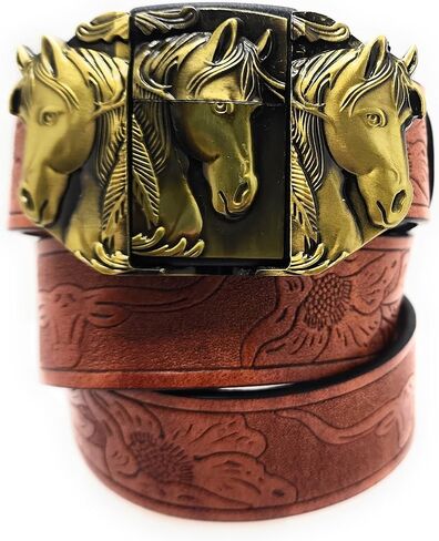 Gold Triple Horses Belt Buckle with Refillable Metal Lighter and Mahogany Embossed Belt — Western Longhorn Floral Pattern, Trim-to-Fit up to 46 in, Chicago Screws, 1.5" Width in Kuwait