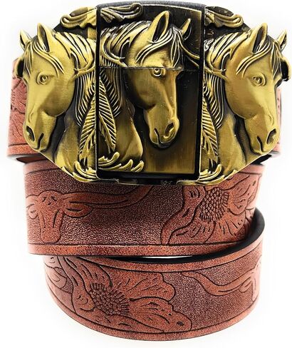 Gold Triple Horses Belt Buckle with Refillable Metal Lighter and Mahogany Embossed Belt — Western Longhorn Floral Pattern, Trim-to-Fit up to 46 in, Chicago Screws, 1.5" Width in Kuwait
