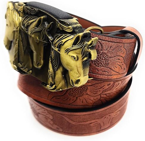 Gold Triple Horses Belt Buckle with Refillable Metal Lighter and Mahogany Embossed Belt — Western Longhorn Floral Pattern, Trim-to-Fit up to 46 in, Chicago Screws, 1.5" Width in Kuwait