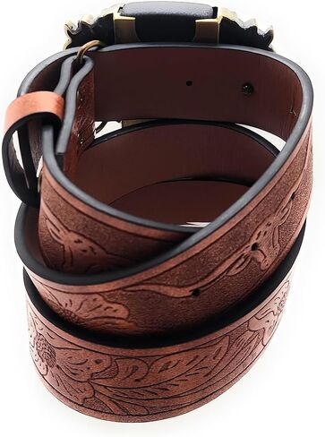 Gold Triple Horses Belt Buckle with Refillable Metal Lighter and Mahogany Embossed Belt — Western Longhorn Floral Pattern, Trim-to-Fit up to 46 in, Chicago Screws, 1.5" Width in Kuwait