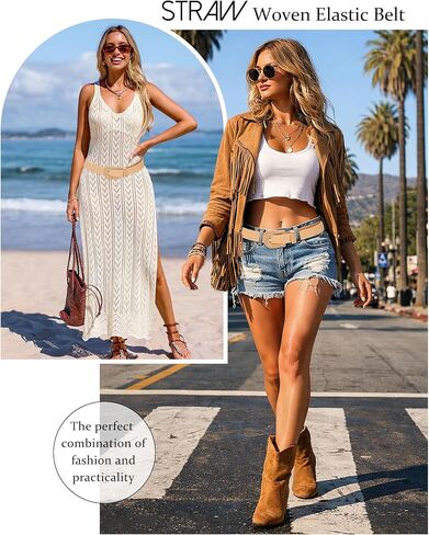 AWAYTR Woven Straw Belt for Women- Summer Boho Belt with Gold Raffia Buckle for Pants Jean Dress Skirt in Kuwait
