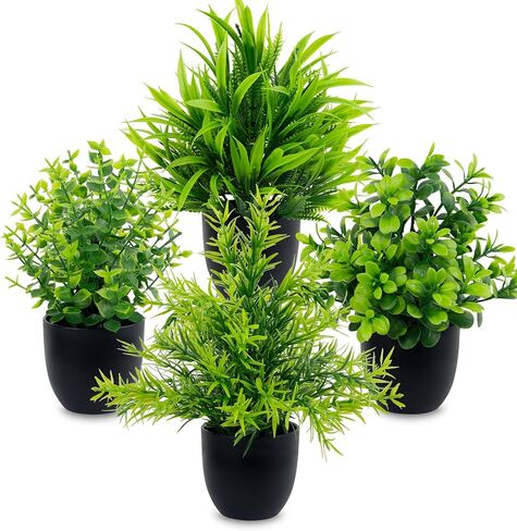 LOYWREE Faux Plants Indoor 4 Pack Small Fake Plants Mini Artificial Plants in Black Pots Potted Greenery for Home Office Table Desk Bathroom Shelf Counter Styling Farmhouse Decor in Saudi Arabia