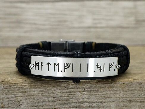 Personalized Rune Bracelet Men, Viking King, Custom Silver Black Leather Cuff, Stainless Steel, Gift for Him in Kuwait