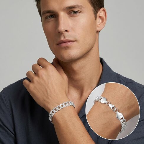S925 Sterling Silver Bracelet for Men - 10.5MM S925 Sterling Silver Over Cuban Chain Bracelet Diamond Cut Silver Bracelets Gifts for Men 7.5/8/8.5/9Inch in Saudi Arabia