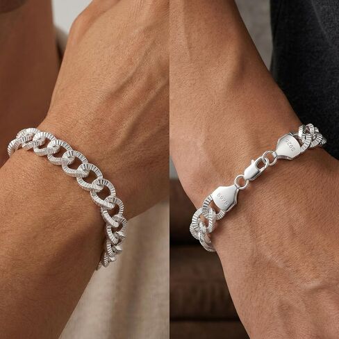 S925 Sterling Silver Bracelet for Men - 10.5MM S925 Sterling Silver Over Cuban Chain Bracelet Diamond Cut Silver Bracelets Gifts for Men 7.5/8/8.5/9Inch in Saudi Arabia