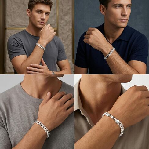 S925 Sterling Silver Bracelet for Men - 10.5MM S925 Sterling Silver Over Cuban Chain Bracelet Diamond Cut Silver Bracelets Gifts for Men 7.5/8/8.5/9Inch in Saudi Arabia