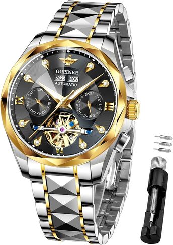 OUPINKE Men’s Watches Automatic Self-Winding Luxury Diamond Mirror Skeleton Mechanical Watch Date Dress Business Tungsten Steel Waterproof Luminous Wrist Watches for Men in Saudi Arabia