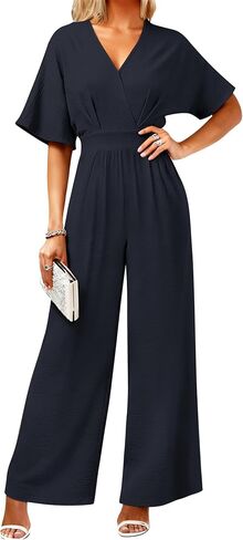 LOOKBOOK Womens Jumpsuit V Neck Batwing Sleeve Belted High Waist Wide Leg Romper with Pockets One Piece Casual Outfits Navy M in Saudi Arabia