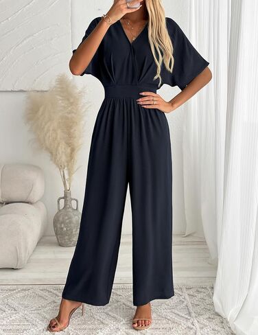 LOOKBOOK Womens Jumpsuit V Neck Batwing Sleeve Belted High Waist Wide Leg Romper with Pockets One Piece Casual Outfits Navy M in Saudi Arabia