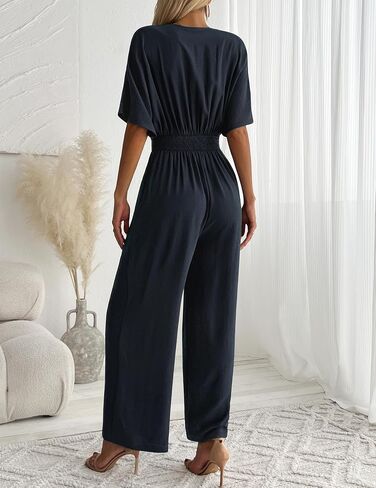 LOOKBOOK Womens Jumpsuit V Neck Batwing Sleeve Belted High Waist Wide Leg Romper with Pockets One Piece Casual Outfits Navy M in Saudi Arabia