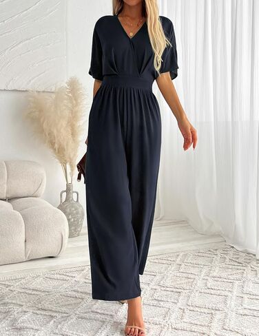 LOOKBOOK Womens Jumpsuit V Neck Batwing Sleeve Belted High Waist Wide Leg Romper with Pockets One Piece Casual Outfits Navy M in Saudi Arabia